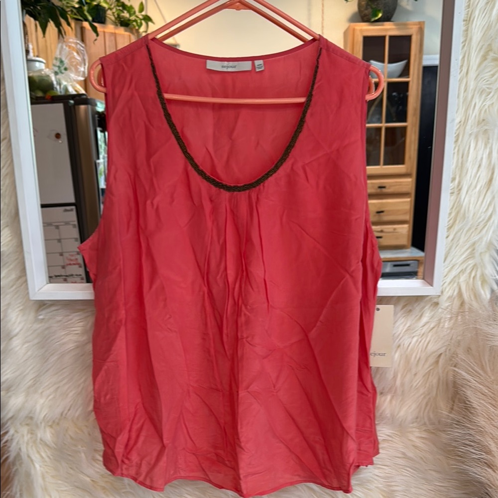 Sejour Silk Blend Sleeveless Blouse Coral Pink Beaded Neck Plus Size 20W NWT